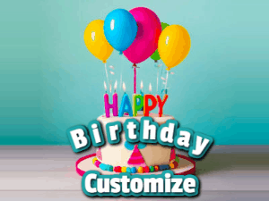 A beautiful birthday cake gif with candles, balloons and falling confetti stars. Personalize the name.