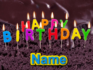 A Chocolate cake gif for a happy birthday with flickering candles, confetti, and a customize name.