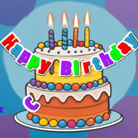 Festive birthday cake GIF with name, stars, hearts, and confetti streaking past and flickering candles.
