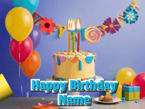 Happy birthday cake animated gif with flickering candles, balloons, confetti, and text to customize.