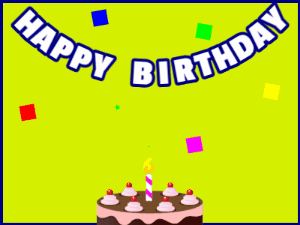 Happy Birthday GIF:A chocolate cake on green with blue border & falling stars