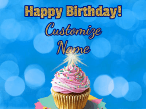 Animated gif happy birthday cupcake with sparkler and customizable glittering text
