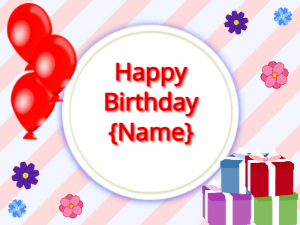 Happy Birthday GIF:red Balloons, mix colors gift boxes, red text