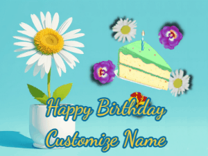 A simple but beautiful animated birthday gif with a big daisy and flowers swirling around a cake.