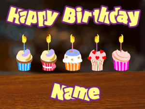 Happy Birthday GIF:Cupcakes for Birthday,bar top background,beige & purple text