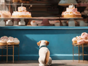 Cute puppy animated birthday gif with dog watching the cake shop, then cake arrives and tail goes crazy! Customize it!