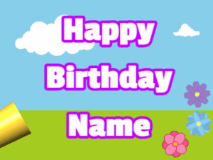 Happy Birthday GIF:Horn, hearts, meadow, block, white, purple