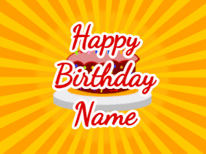 Happy Birthday GIF:yellow sunburst,cartoon cake, red text
