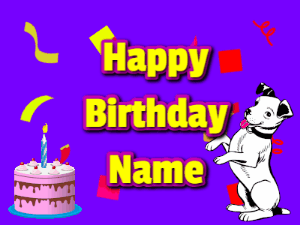 Silly happy birthday gif with a cute dog in a corner and rainbow animation confetti. Birthday cake in order with candle.