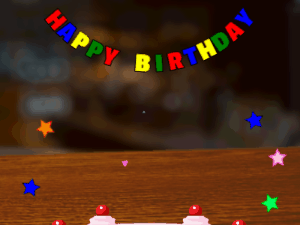 Happy Birthday GIF:pink Cake, flying hearts on a pub background
