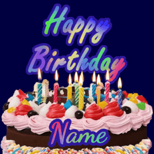A dark blue birthday gif with a beautiful cake with flickering candles, background sparkles and a name to customize.