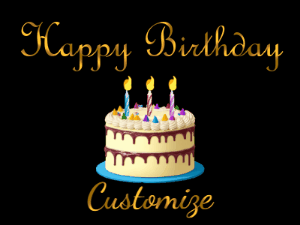 Animated birthday gif with a birthday cake and candles, falling confetti and animated text that you can customize wiht name.