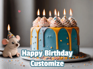 Super cute birthday gif with name and little mouse in a party hat, a birthday cake with flickering candles. Customize text.