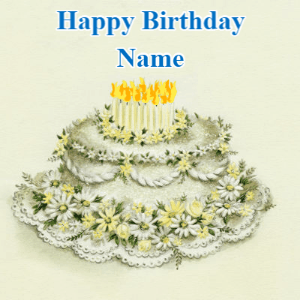 A beautiful vintage birthday cake design with flickering candles atop and three lines of customized happy birthday text.