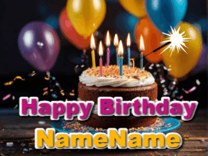 A birthday cake with flickering candles gif with text reading Happy Birthday and a Name slot to customize