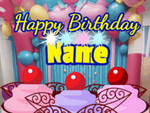 Animated happy birthday gif with cake with cherry rosettes in a party room with a name to personalize.