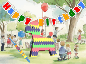 A Pinata Birthday GIF on a watercolor background with animated club hits the pinata to get candy. Customize Name.