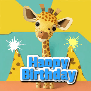 Cute giraffee birthday gif depicting a paper cutout bobbing giraffe head and birthday text you can customize with sparklers.