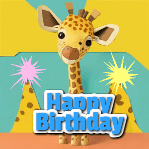 Cute giraffee birthday gif depicting a paper cutout bobbing giraffe head and birthday text you can customize with sparklers.