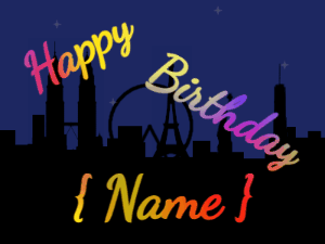Happy Birthday GIF:City fireworks of stars. Fonts block & cursive, & a rainbow texture