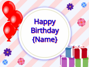 Happy Birthday GIF:red Balloons, mix colors gift boxes, blue text