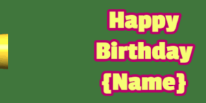 Happy Birthday GIF:cartoon birthday cake on purple with yellow & rouge text