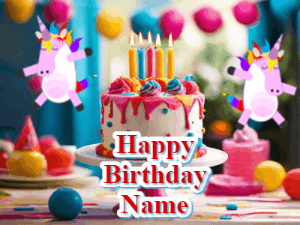 Animated Happy Birthday GIF with a beautiful birthday cake being lit up by two unicorns. There are 3 lines of text to customize.