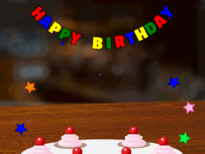 Happy Birthday GIF:pink Cake, flying stars on a pub background
