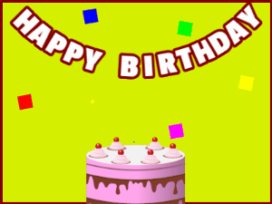 Happy Birthday GIF:A pink cake on green with red border & falling hearts