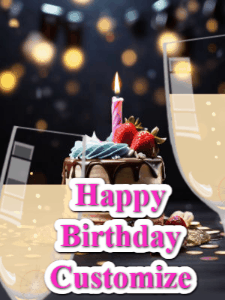 A beautiful birthday cake gif with 2 champagne glasses making a toast where a sparkle shines and candle flame flickers.
