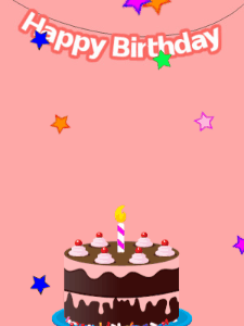 Happy Birthday GIF:Pink birthday GIF with a chocolate cake and stars