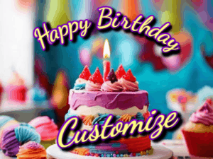 A colorful animated birthday gif of a cake and falling stars with a flickering candle. Text reads Happy Birthday and Customize.