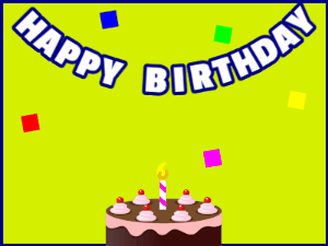 Happy Birthday GIF:A chocolate cake on green with blue border & falling squares