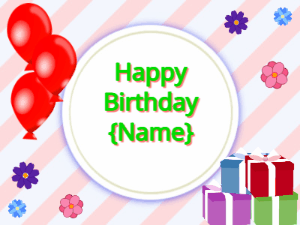 Happy Birthday GIF:red Balloons, mix colors gift boxes, green text