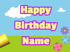 Happy Birthday GIF:Horn, hearts, meadow, block, yellow, purple