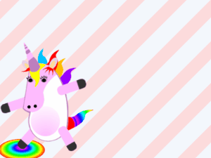 Happy Birthday GIF:Dabbing Unicorn:stripes background,pink flowers,cream cake