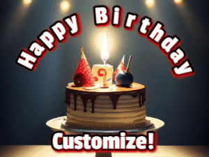 Animated happy birthday gif with a cake and flickering candles with colorful falling confetti and text reading Happy Birthday
