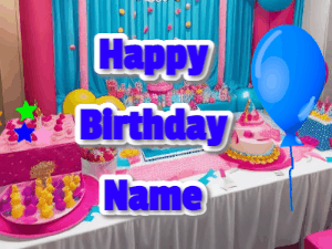 Happy Birthday GIF of a birthday party room with an animated blue balloon and stars flow past. Customize 3 lines.