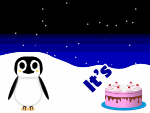 Happy Birthday GIF:Penguin: candy cake,red text,% 3 fireworks