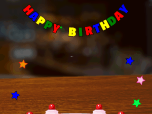 Happy Birthday GIF:pink Cake, flying flares on a pub background
