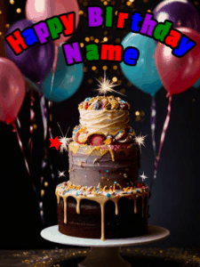 Beautiful birthday cake animated gif, a celebration of balloons, confetti, and sparklers. Customize banner and name.