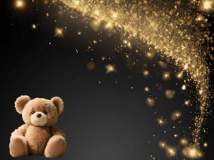 A cute teddy bear sits in corner of animated happy birthday gif with customized greeting. Sparklers and animated text.