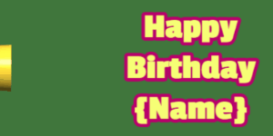 Happy Birthday GIF:pink birthday cake on purple with yellow & rouge text