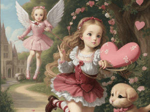 Animated birthday GIF depicting in classic painting style, a cherub chasing a girl with a box of hearts with fireworks of hearts.