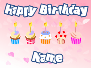 Happy Birthday GIF:Cupcakes for Birthday,pink hearts background,white & navy text