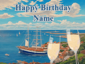Animated fireworks gif overlooking the sea with 2 glass of champagne. Text reads Happy Birthday Name. Customize Name.