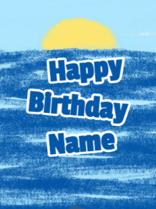 Cute animated birthday greeting gif with a stingray raising from the ocean to wave a fin. Crayon style art. Customize name.
