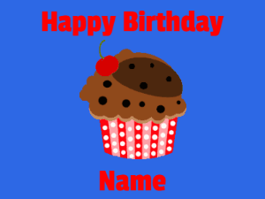 A birthday cupcake gif with a chocolate cupcake and flashing text reading Happy Birthday Name.