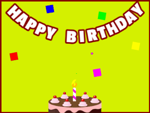 Happy Birthday GIF:A chocolate cake on green with red border & falling squares
