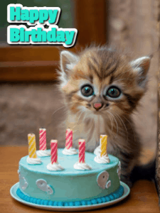 A cute little cat birthday gif with lighting candles with text reading Happy Birthday Name, to customize